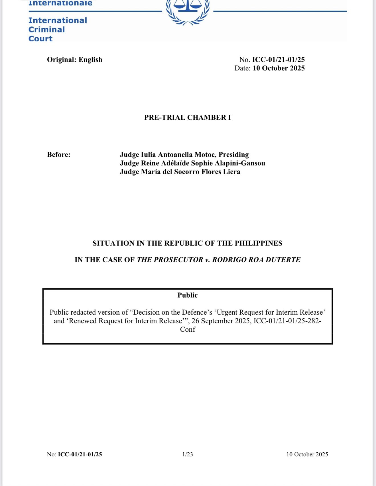 ICC Denies Duterte’s Request for Temporary Release